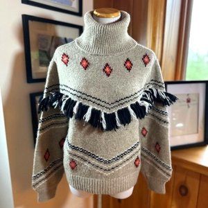 LOU and GRAY LOFT Beige Black Southwestern Motifs Fringed Turtleneck Sweater -S